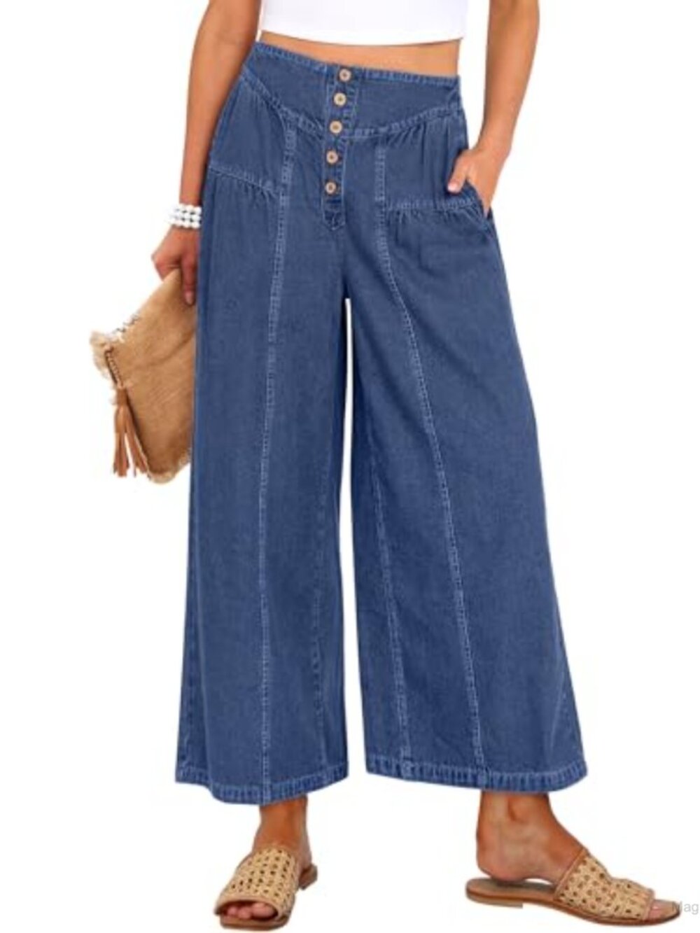 High Waist Wide Leg Barrel Jeans Women Baggy Palazzo Pants with Pockets
